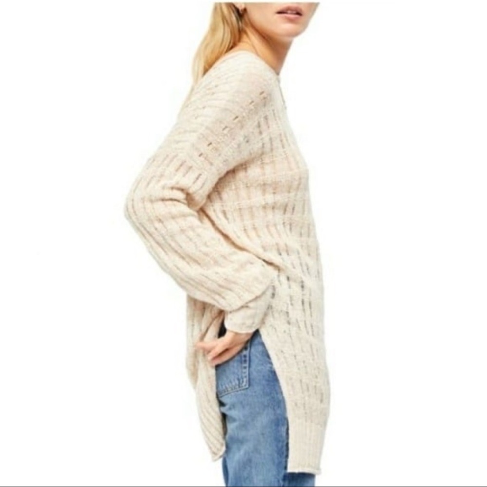 FREE PEOPLE Pretty In Pointelle Tunic Sweater S Small Oatmeal Daydream EUC $148